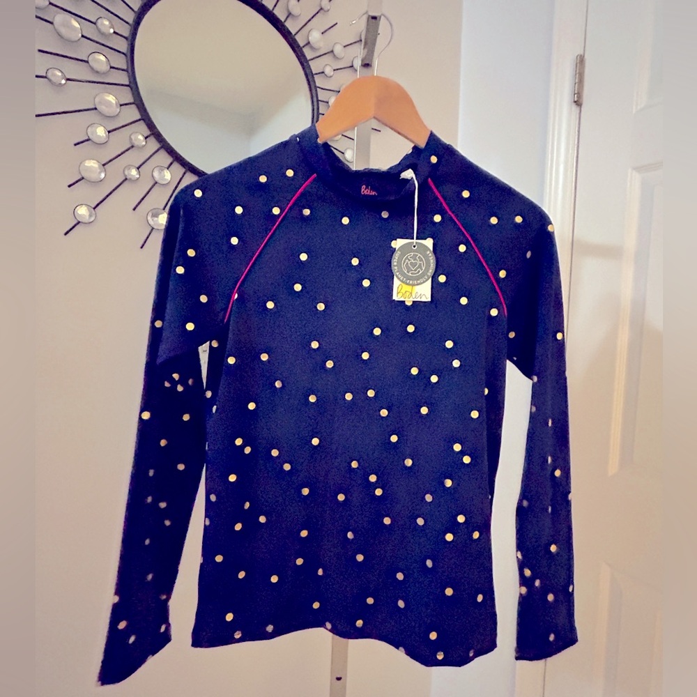 NWT Boden Girls Long Sleeve Rash Guard 13-14Y Blue Metallic Gold Dot